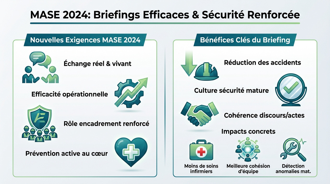 Briefing de poste chantier conforme aux exigences MASE 2024 avec équipe attentive
