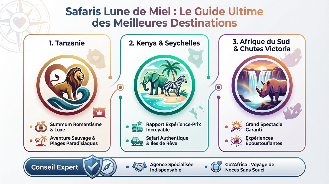 Couple profitant d'un safari lune de miel romantique au coucher du soleil en Afrique