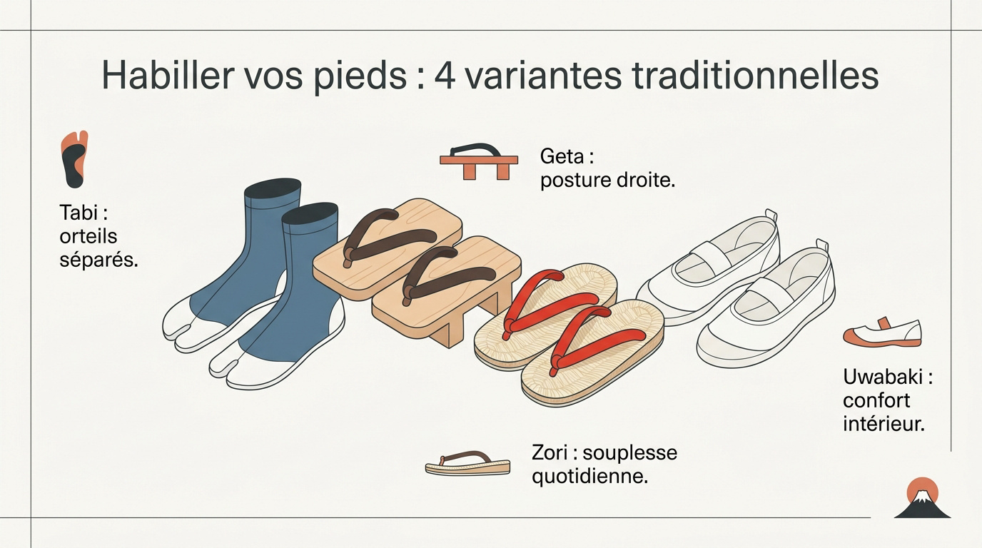 Différents styles de chaussures et chaussons japonais traditionnels pour l'intérieur