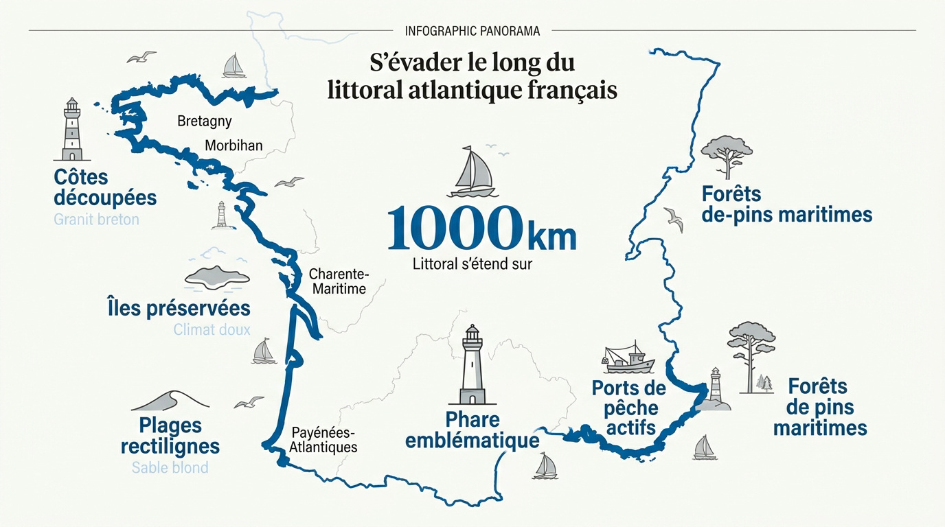 Vue panoramique du littoral atlantique français avec ses dunes et son océan bleu