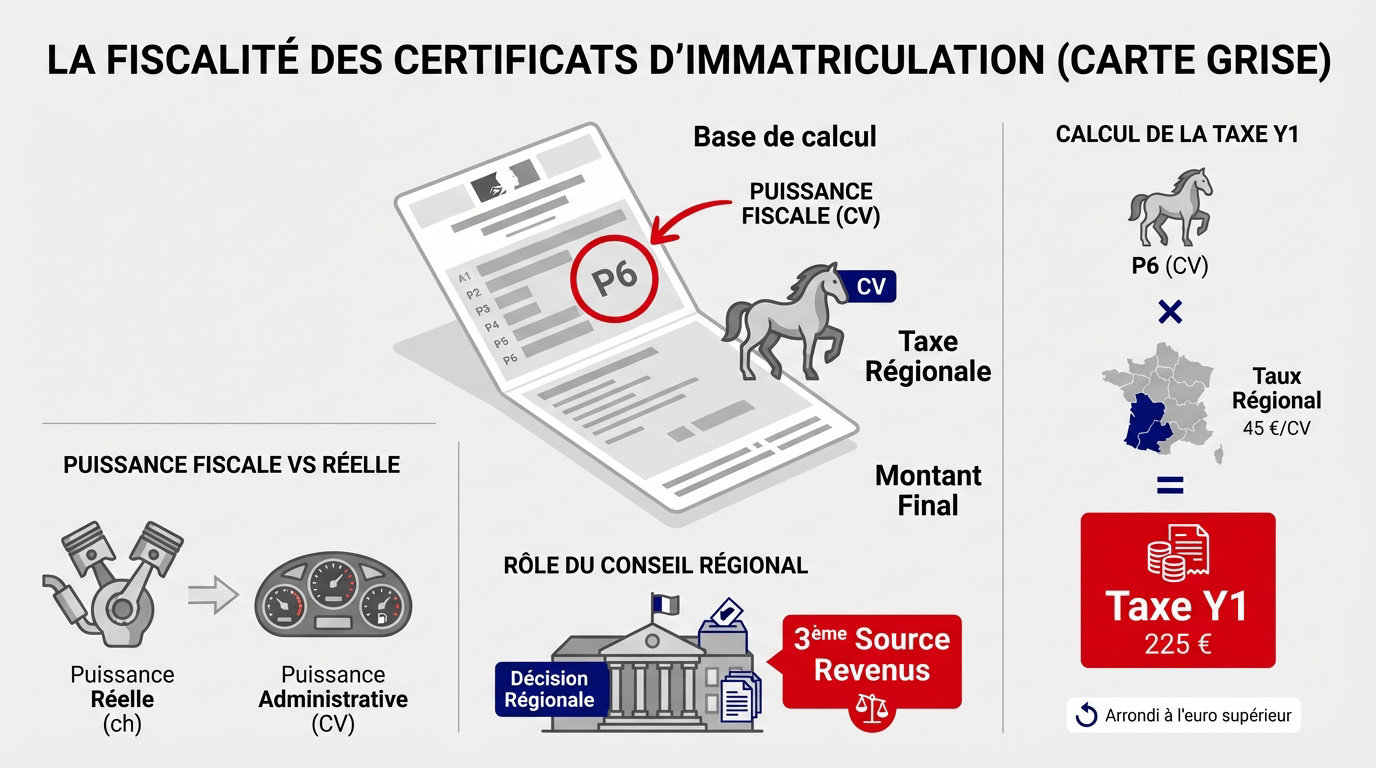 Détail des taxes sur un certificat d'immatriculation champ P6 et taxe Y1