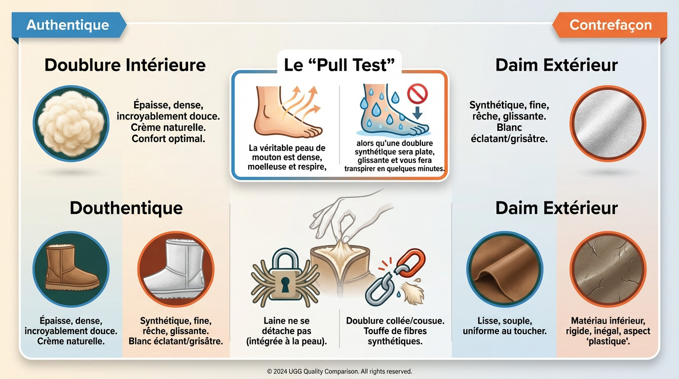 Comparaison texture peau de mouton véritable UGG vs doublure synthétique contrefaçon