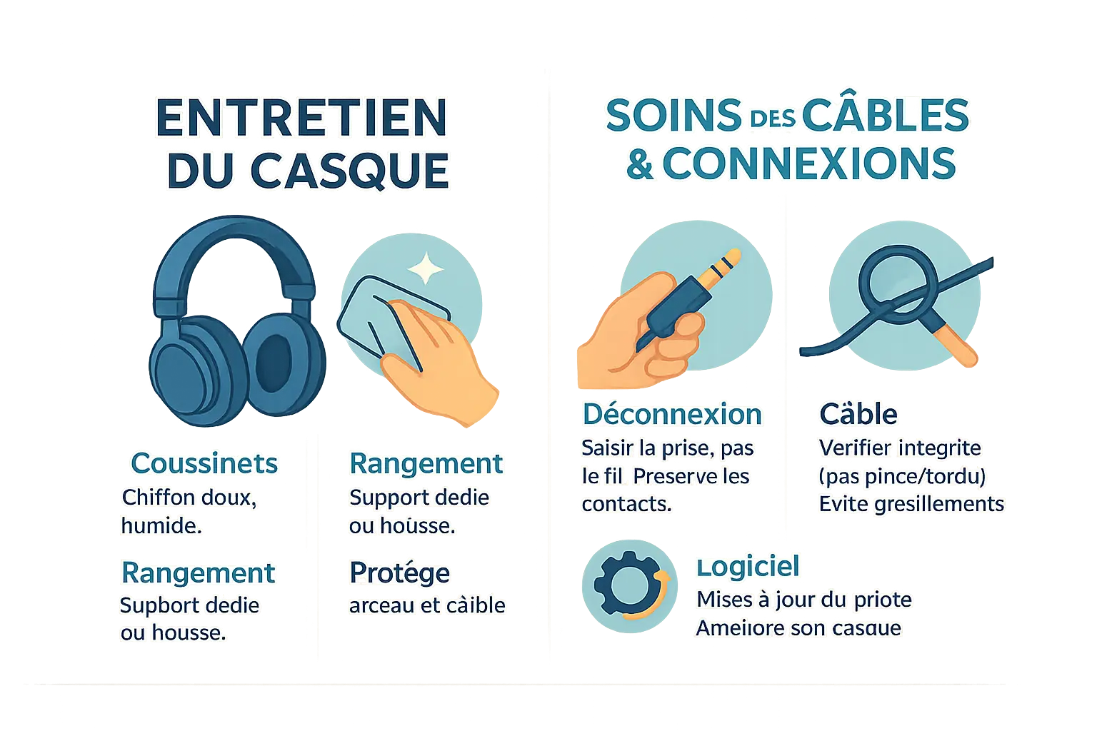 Illustration d'un casque audio et câbles entretenus correctement