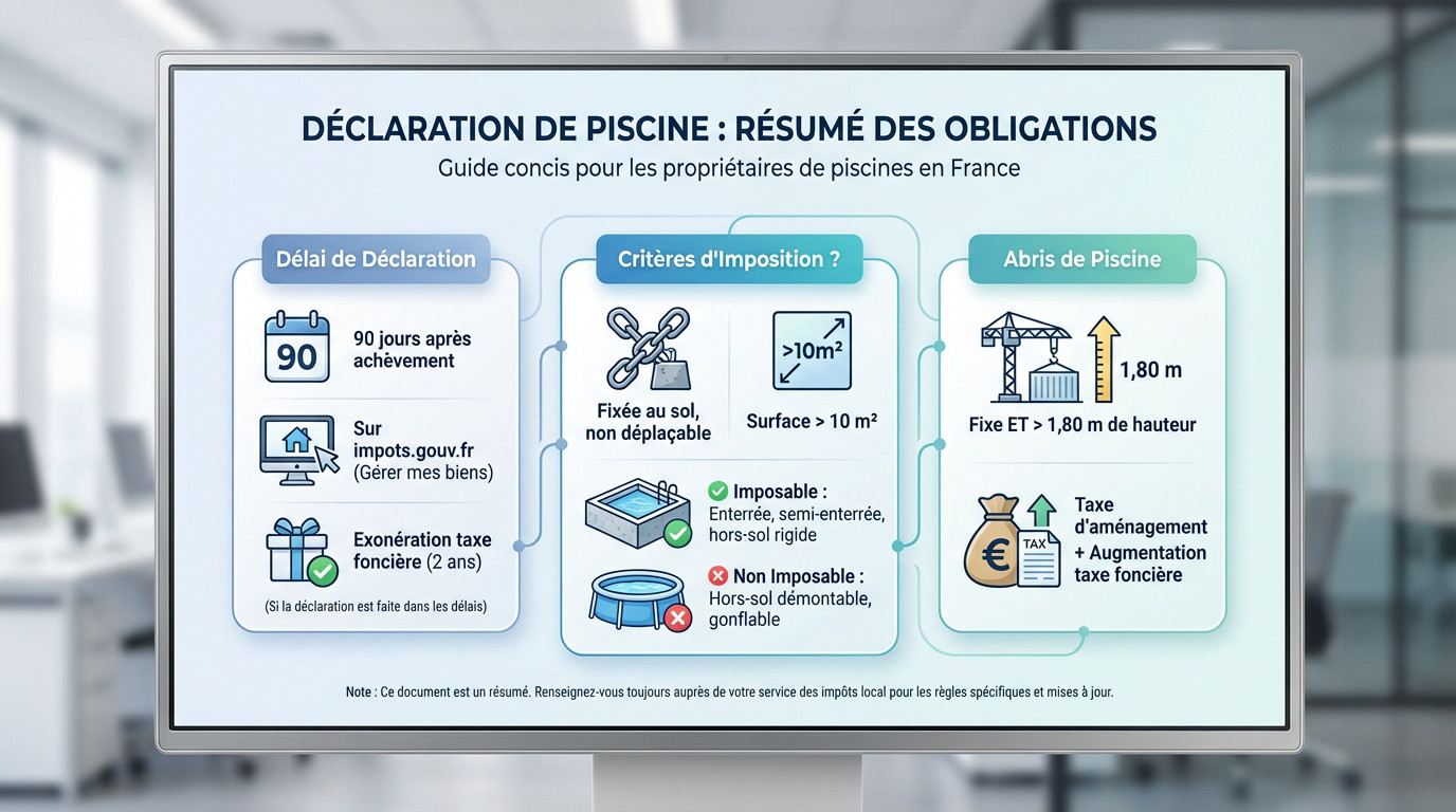 Schéma récapitulatif des obligations fiscales et déclaratives pour une piscine en France