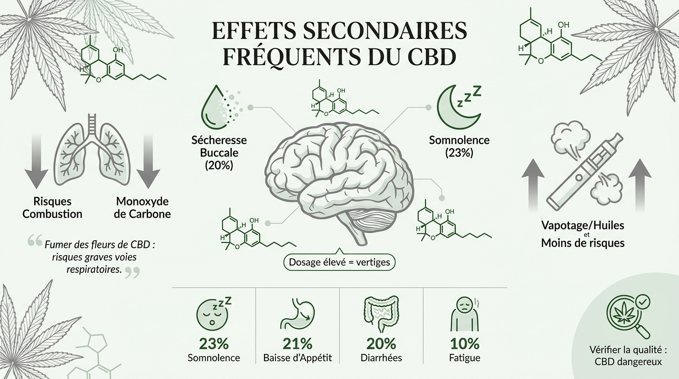 Infographie détaillant les effets secondaires fréquents du cannabidiol