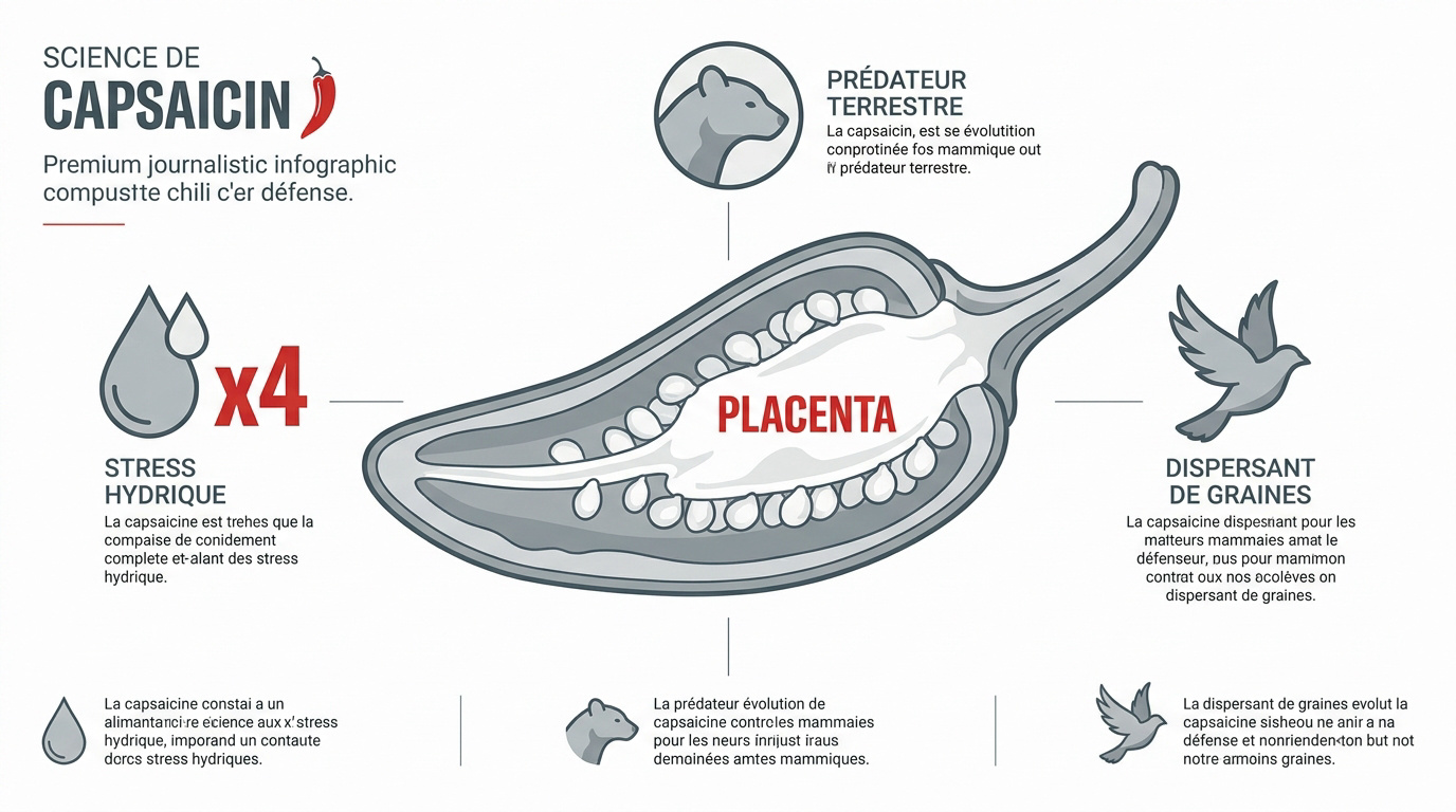 Schéma de la structure interne d'un piment montrant les zones de concentration de capsaïcine