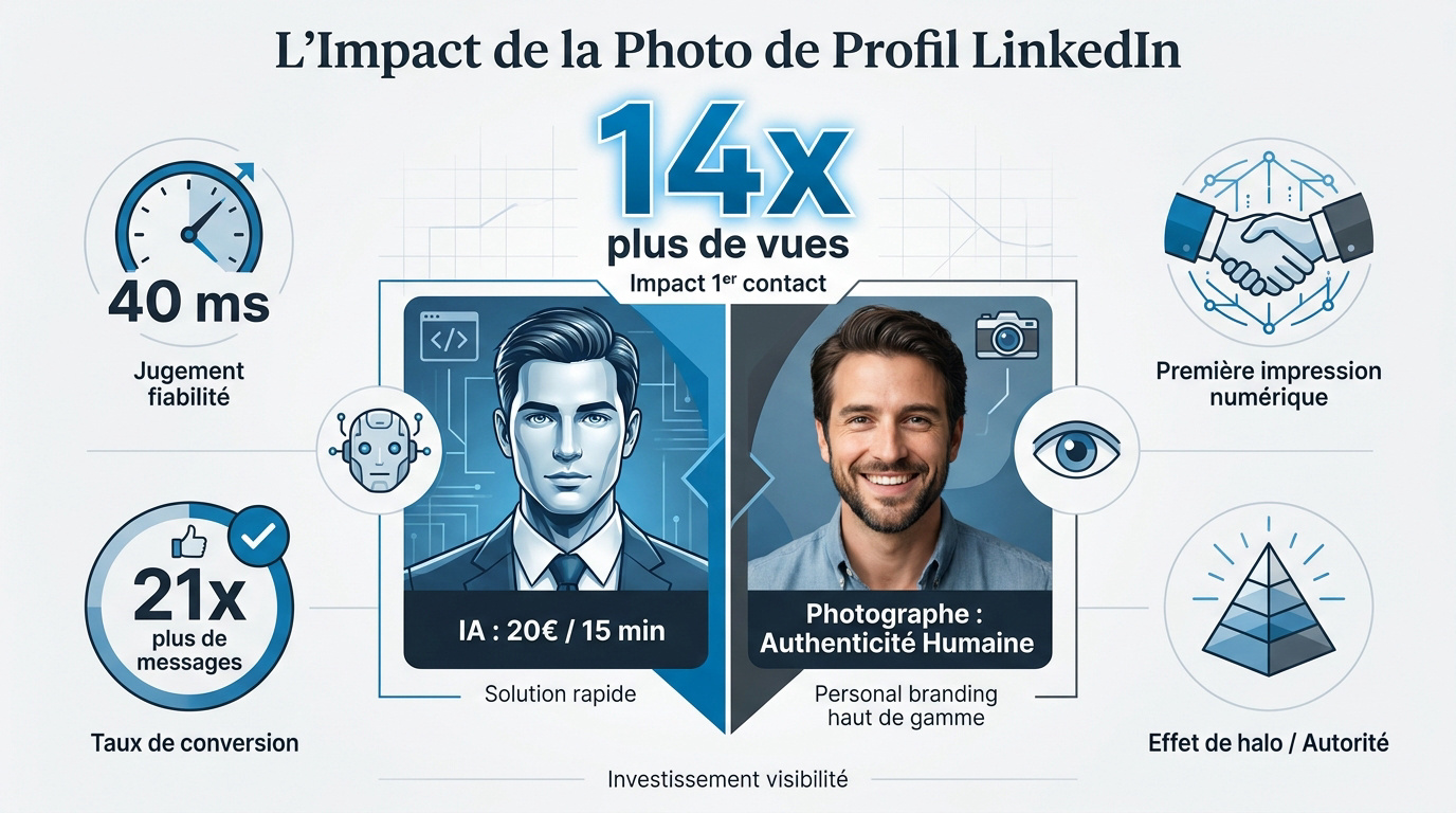 Comparaison entre photo de profil LinkedIn générée par IA et portrait réalisé par un photographe professionnel