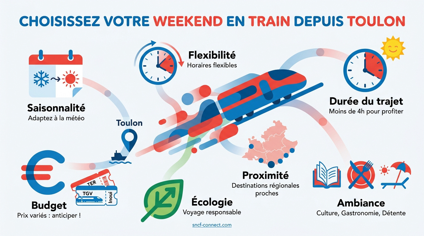 Voyageurs en gare de Toulon consultant les horaires pour un weekend en train
