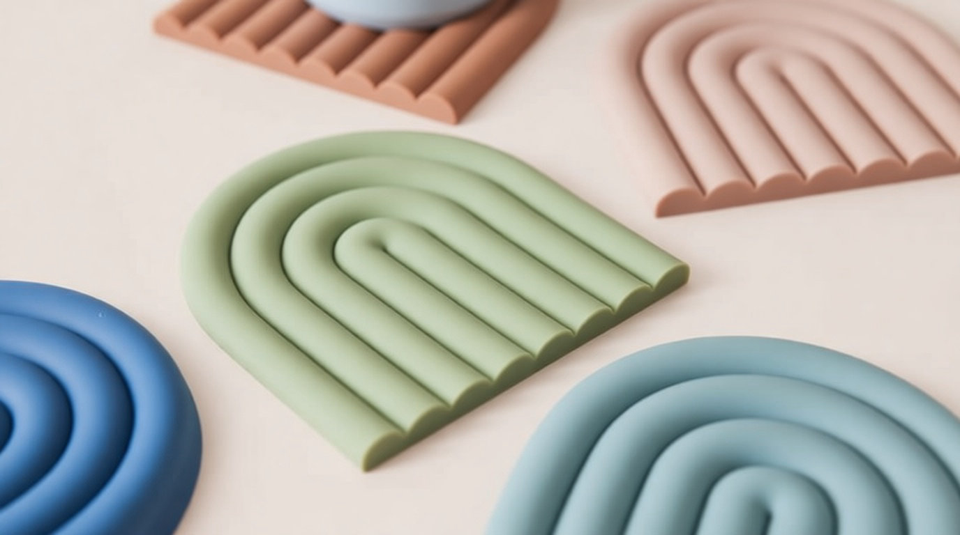 Dessous de plat design en silicone aux couleurs vives d'un arc-en-ciel, alliant esthétique pop et protection thermique