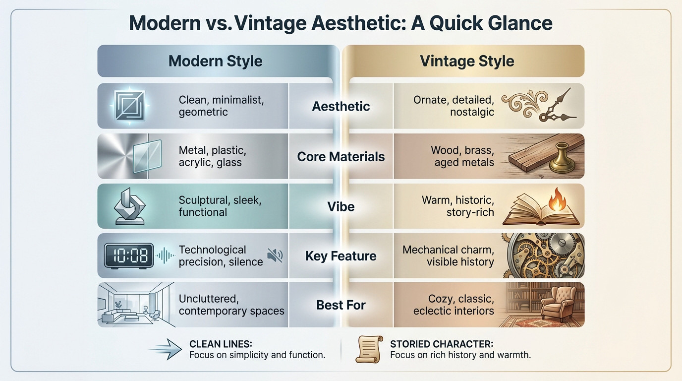 Comparison of a sleek modern wall clock against a rustic vintage clock with patina