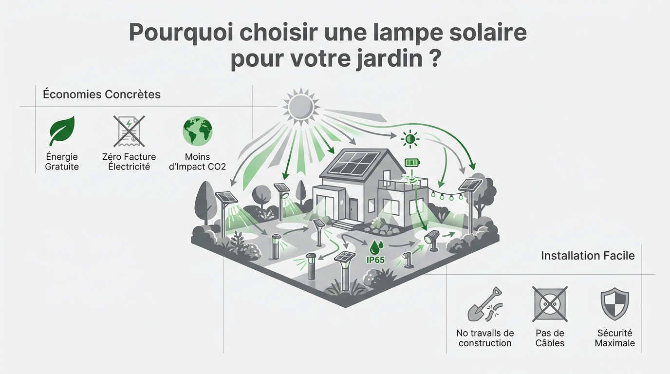 Borne solaire design éclairant une allée de jardin sans fil apparent