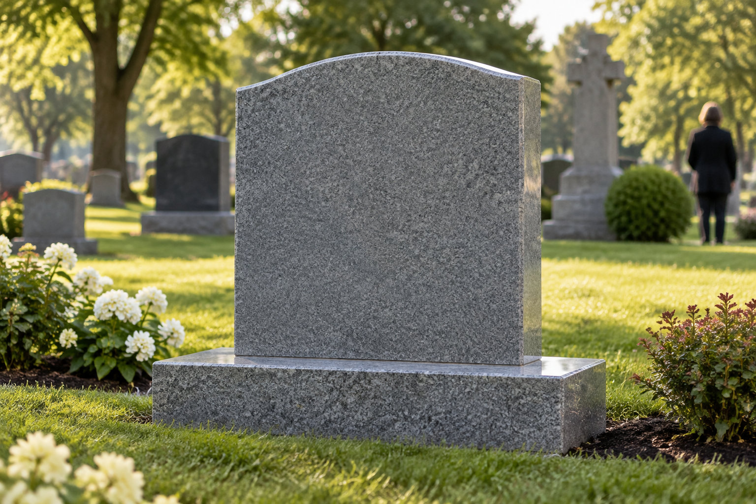 Une grande pierre tombale grise se trouve au premier plan d’un cimetière fleuri, où une personne se tient près d’autres sépultures.