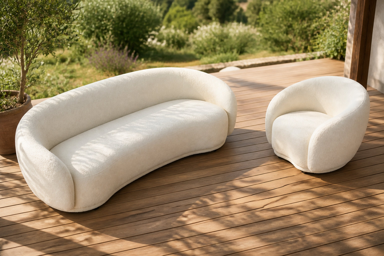 Ensemble canapé arrondi 3 places et fauteuil blanc ivoire - BOVANA