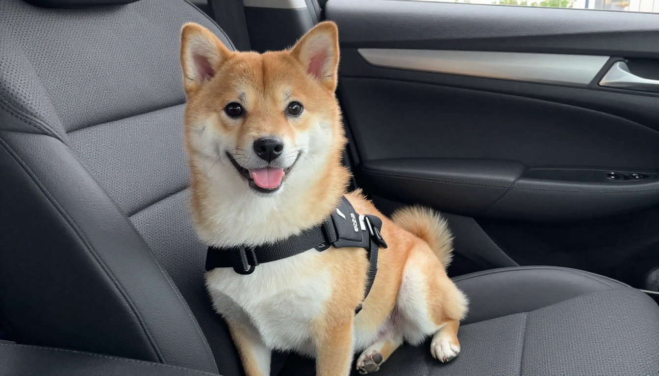 Shiba Inu souriant avec harnais dans une voiture