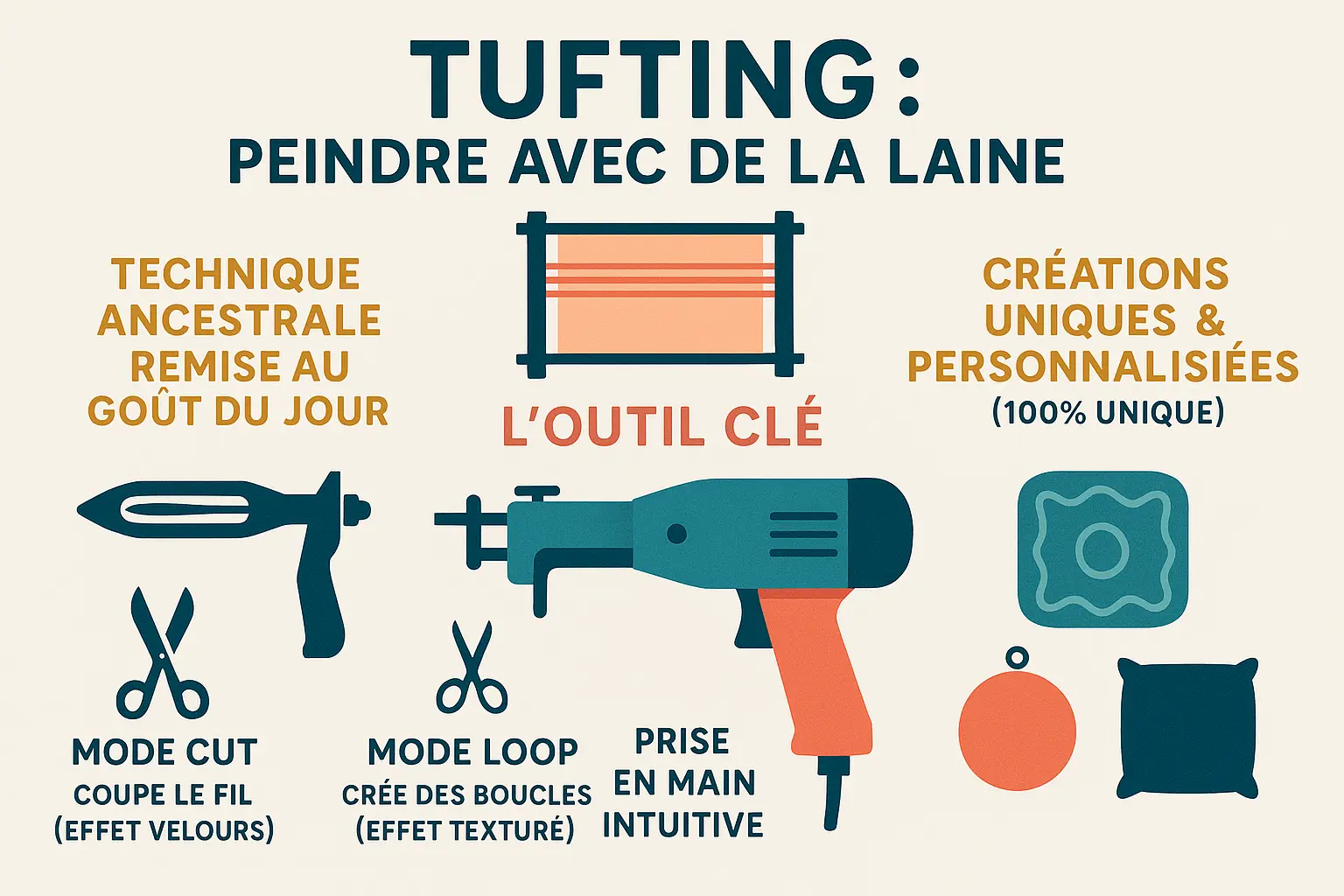 Illustration de la technique du tufting avec pistolet à touffeter et exemples de réalisations