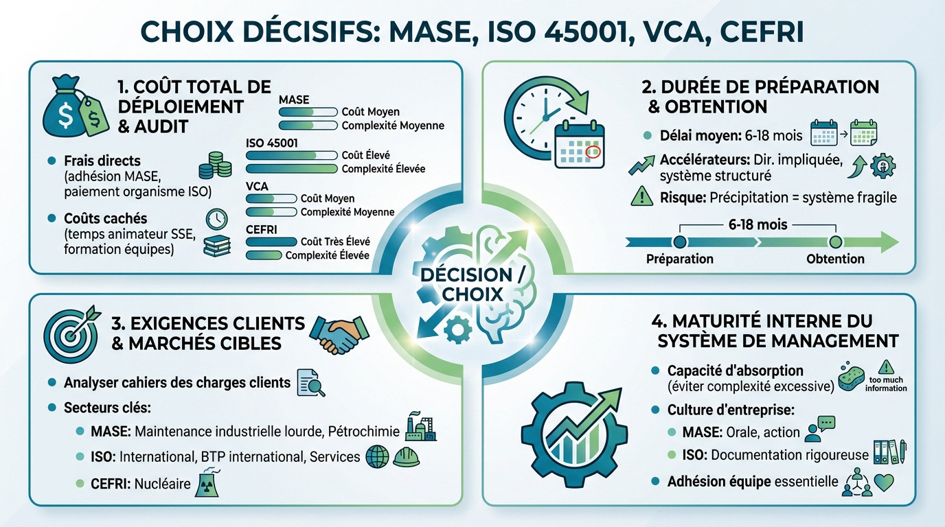 Tableau comparatif des critères de choix entre certifications MASE, ISO 45001, VCA et CEFRI