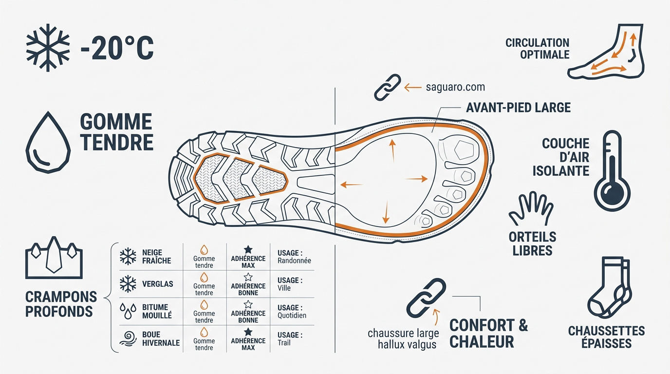 Semelle de chaussure barefoot hivernale avec crampons pour une adhérence optimale sur neige