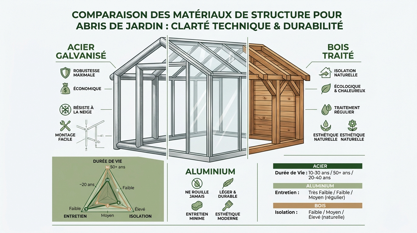 Comparatif des matériaux de structure pour serre de jardin : acier, aluminium et bois