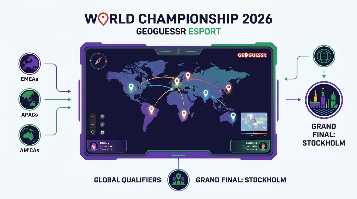 Infographie des statistiques et joueurs clés du GeoGuessr World Championship 2026