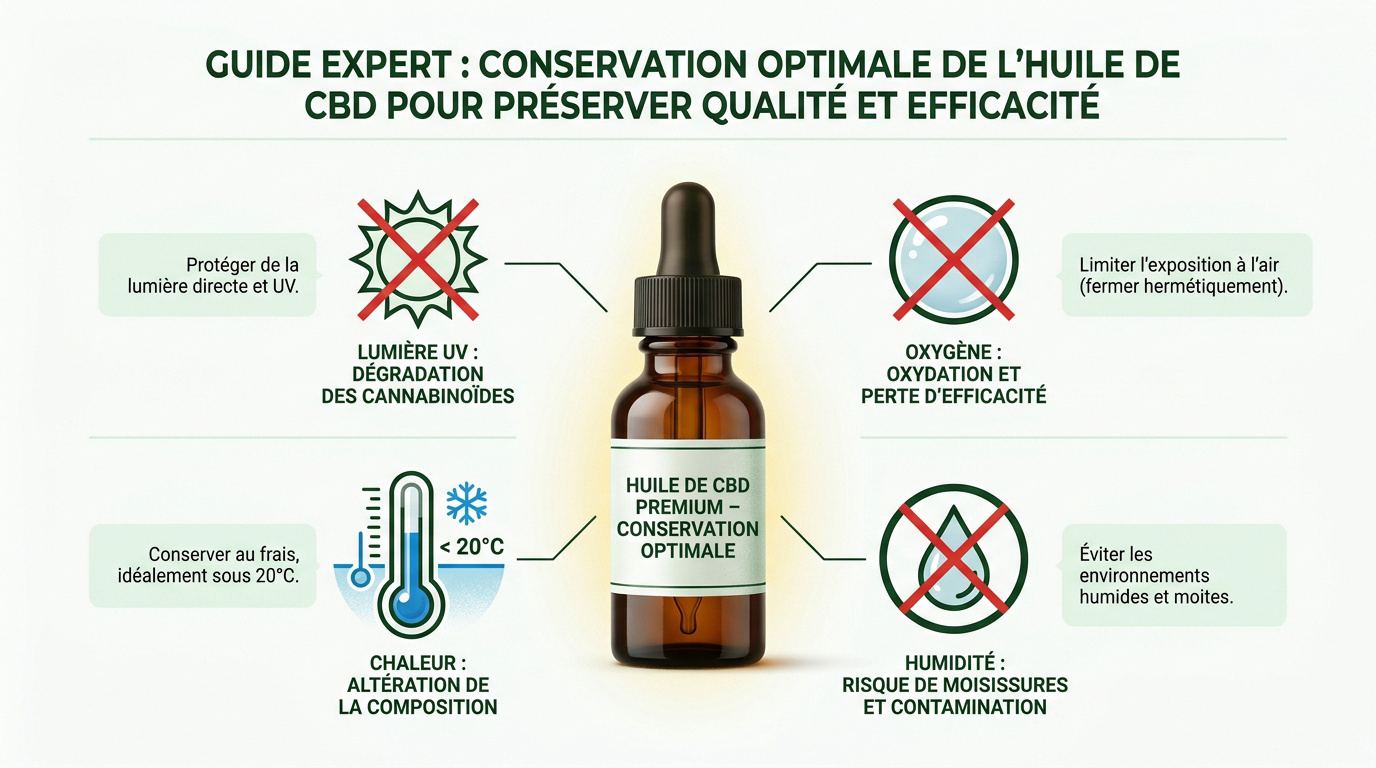 Flacon d'huile de CBD conservé à l'abri de la lumière pour éviter la dégradation des molécules