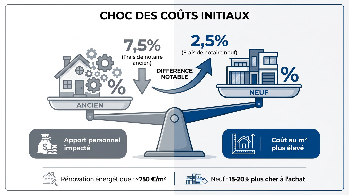 Comparaison des coûts d'acquisition entre immobilier neuf et rénovation ancienne en 2026
