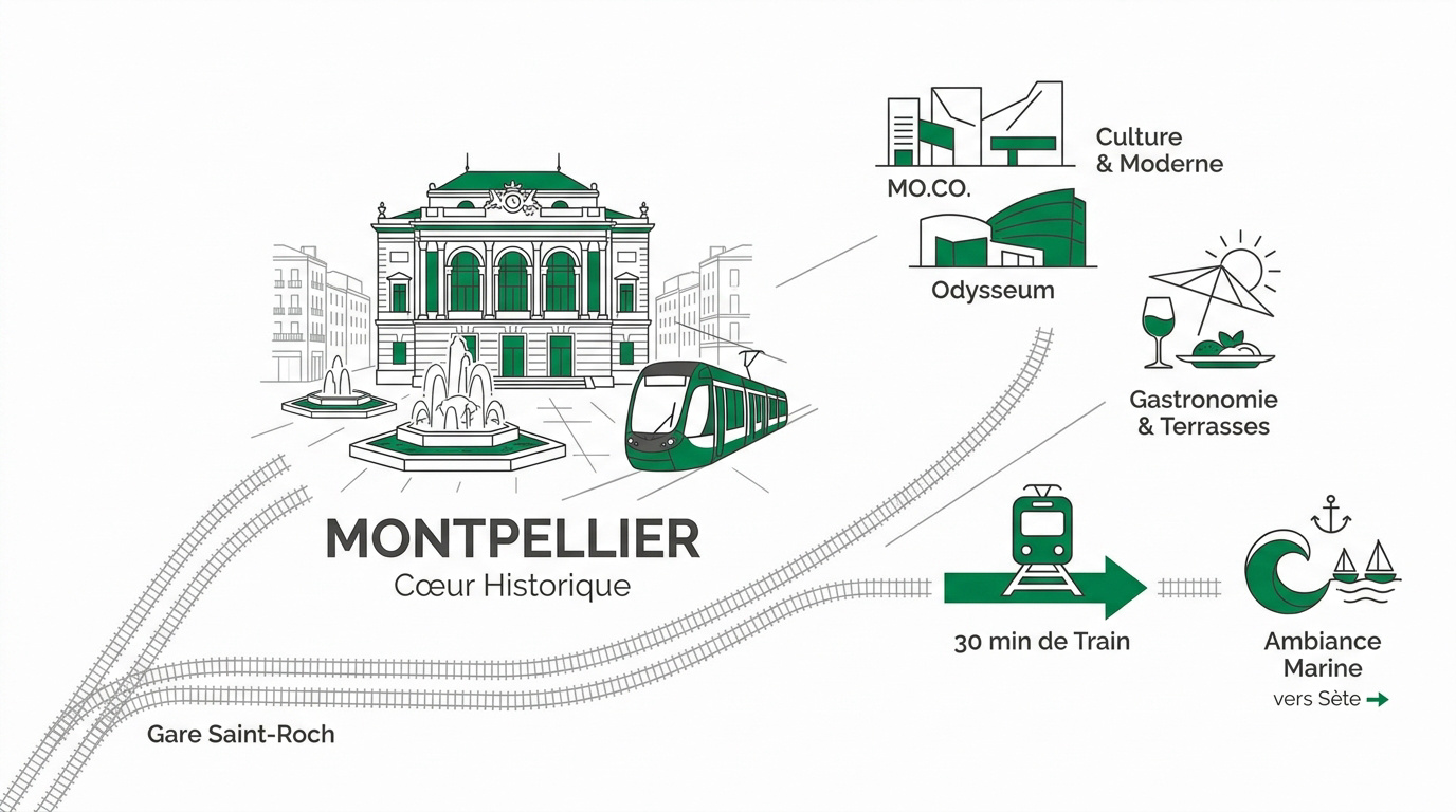 Vue aérienne de la Place de la Comédie et du centre historique de Montpellier