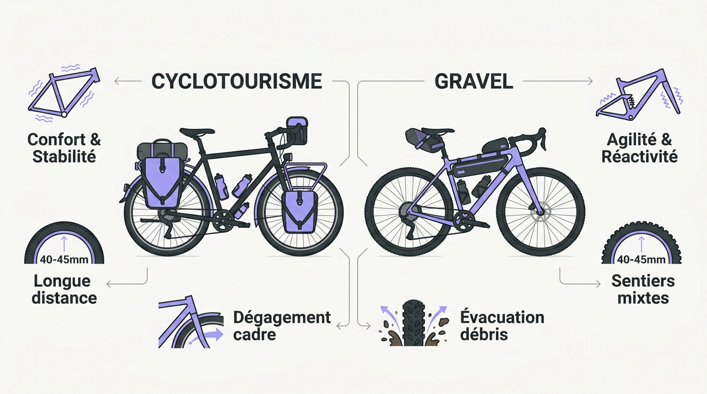 Comparaison entre un vélo de gravel dynamique et un vélo de cyclotourisme chargé de sacoches