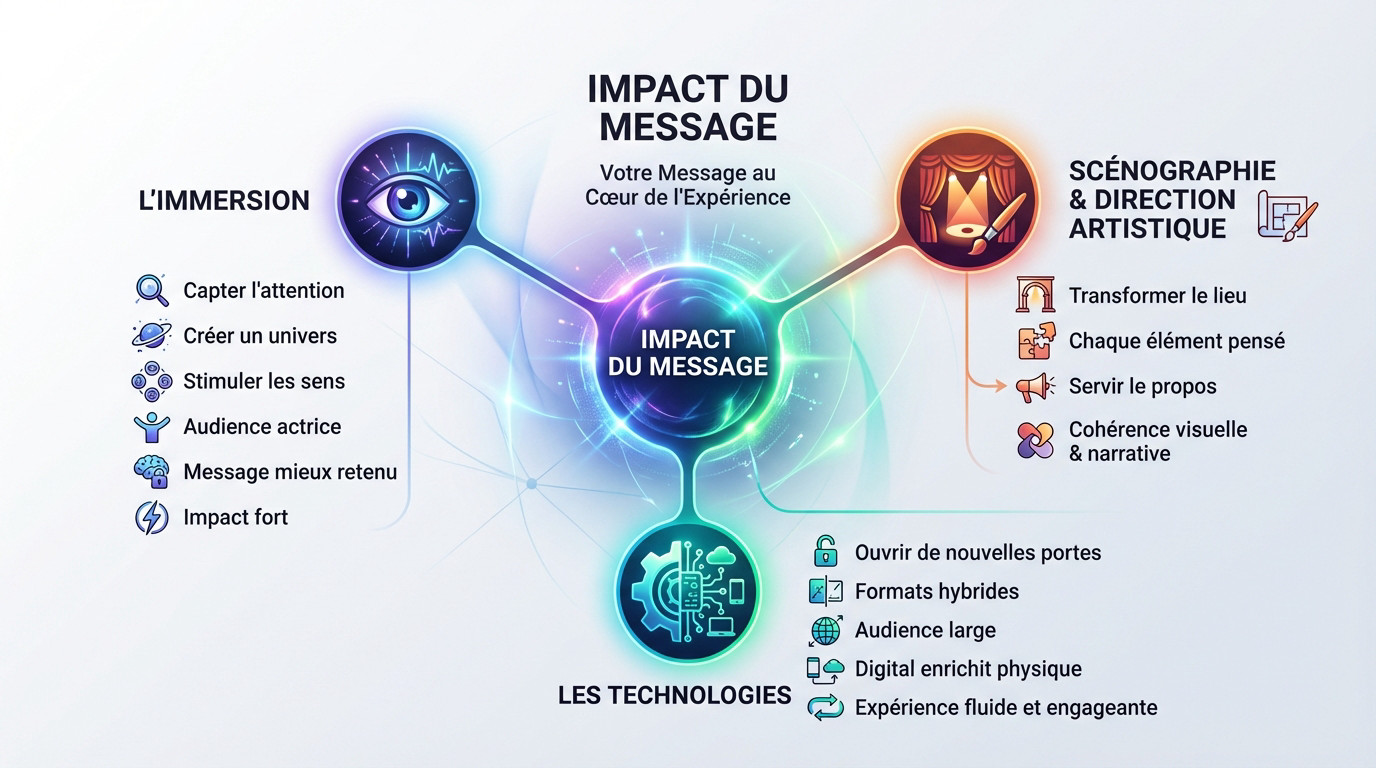 Infographie illustrant l'impact de l'immersion et de la technologie sur le message événementiel