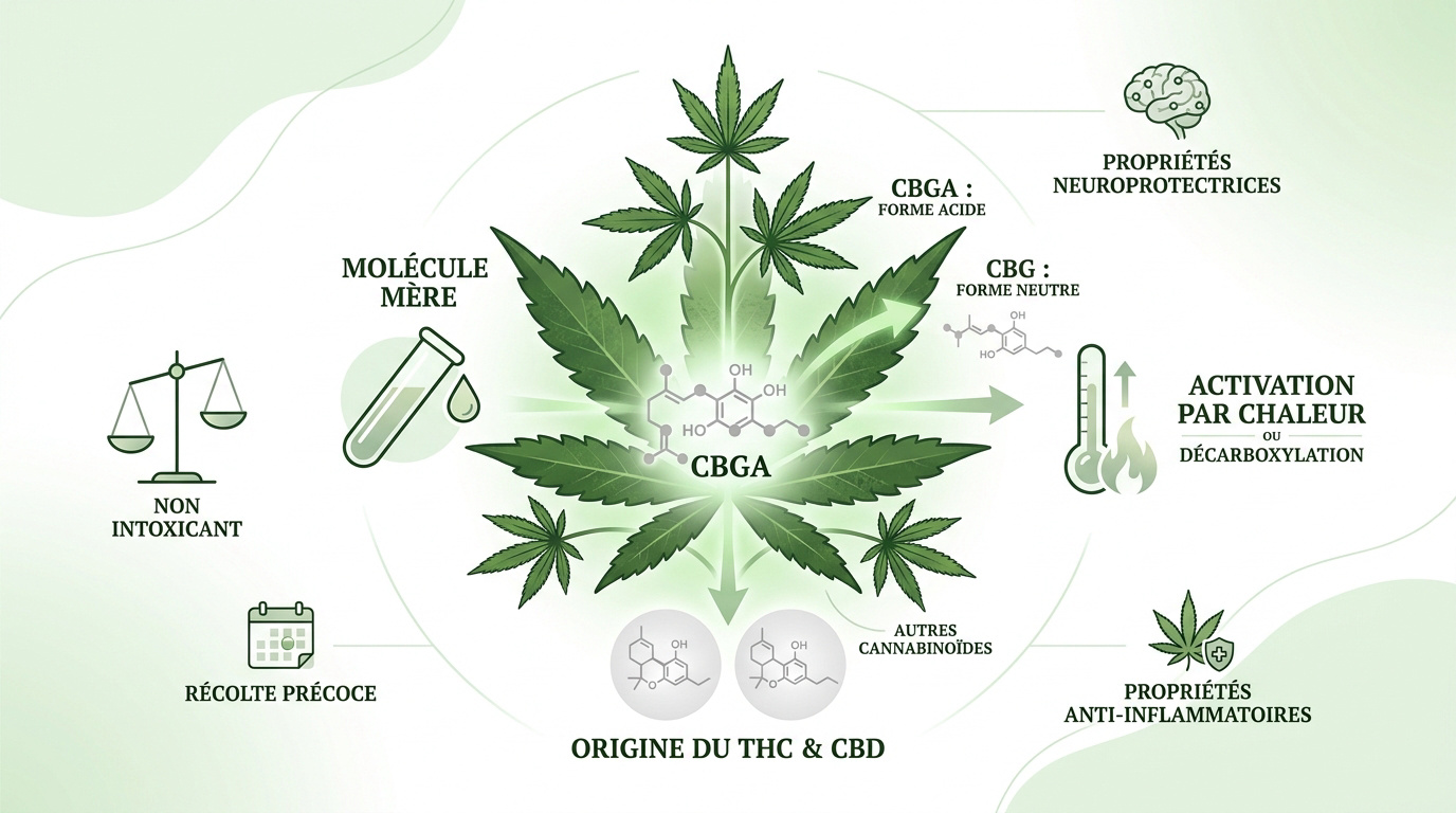 Infographie expliquant le rôle du CBGA comme molécule mère des cannabinoïdes