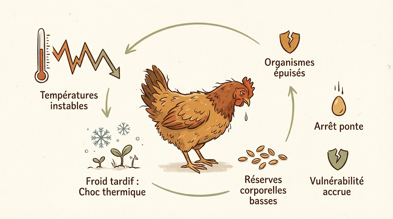 Schéma expliquant le cycle du stress thermique et l'épuisement énergétique chez la poule en hiver