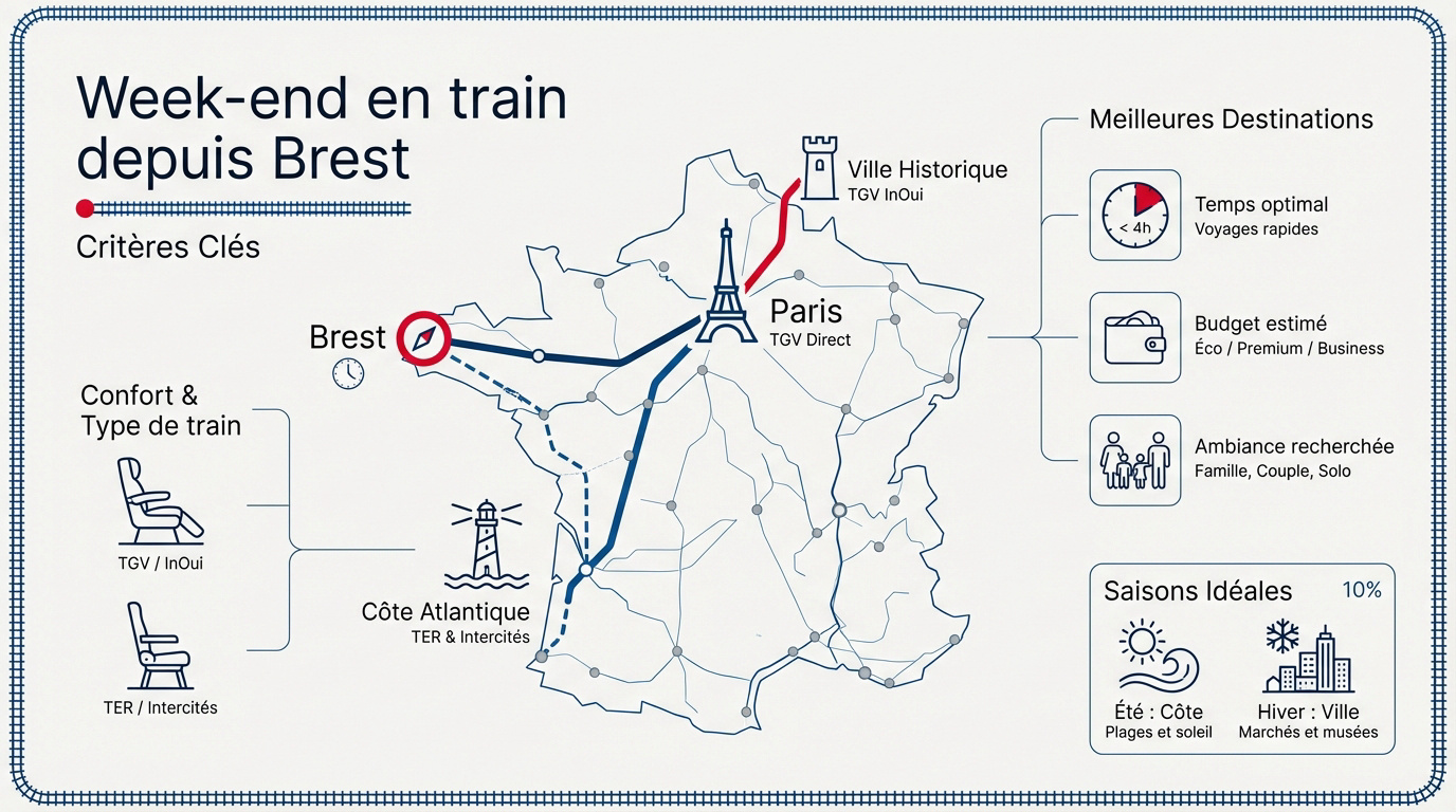 Voyageurs en gare de Brest consultant les horaires de train pour un weekend