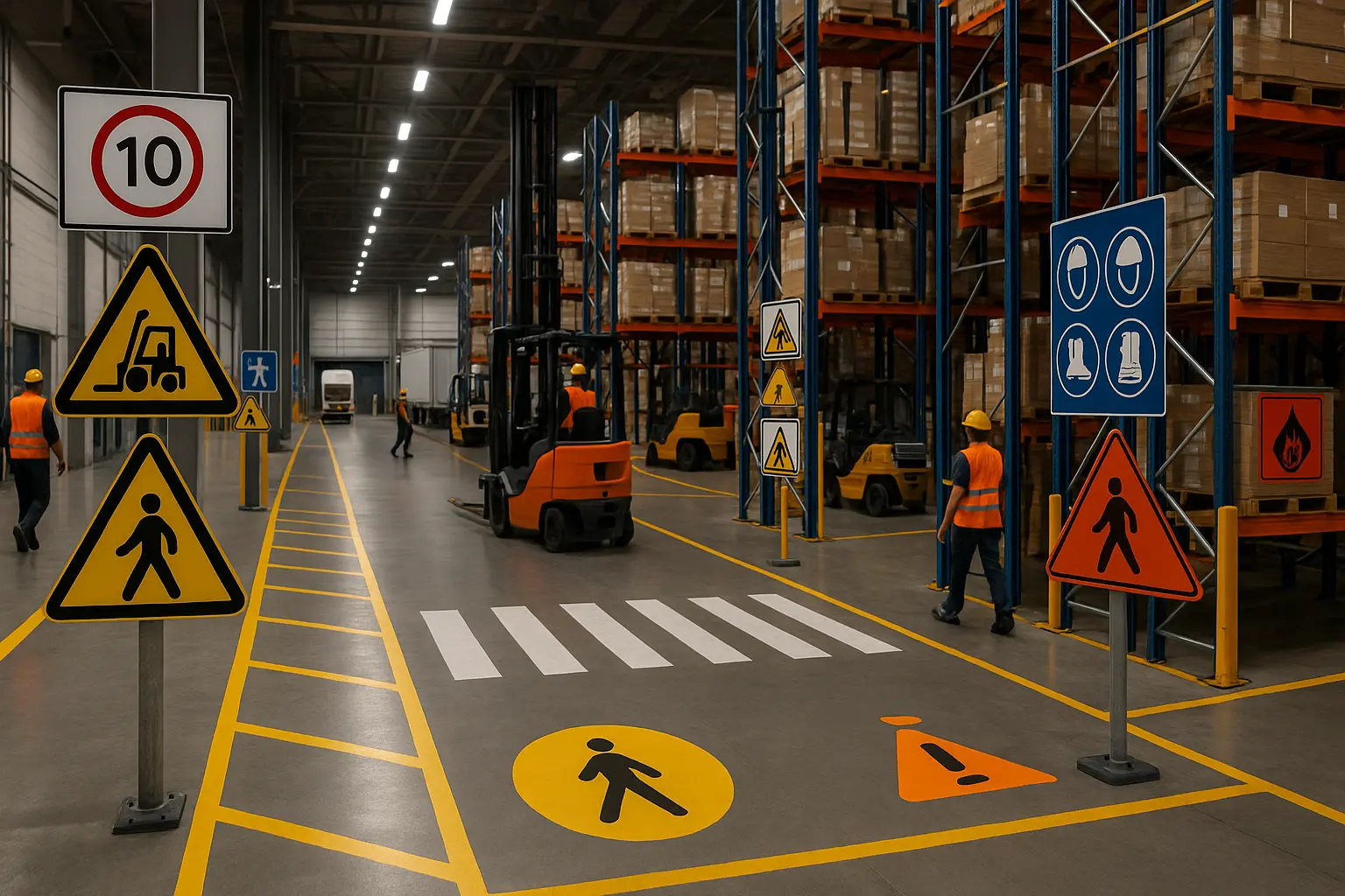 Signalétique d'un entrepôt industriel avec marquage au sol et panneaux de sécurité