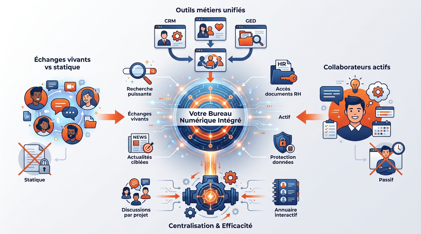 Infographie présentant les piliers d'un bureau numérique intégré pour PME