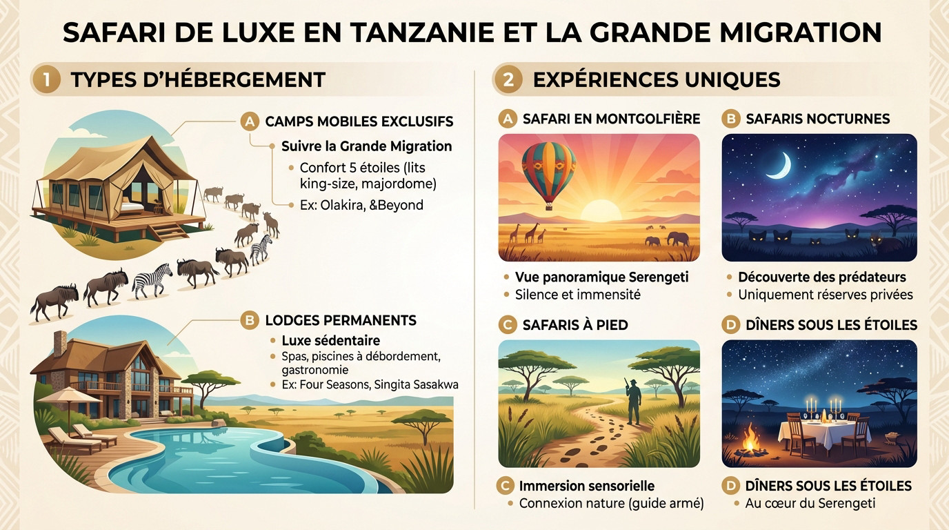 Safari de luxe en Tanzanie observant la Grande Migration dans le Serengeti