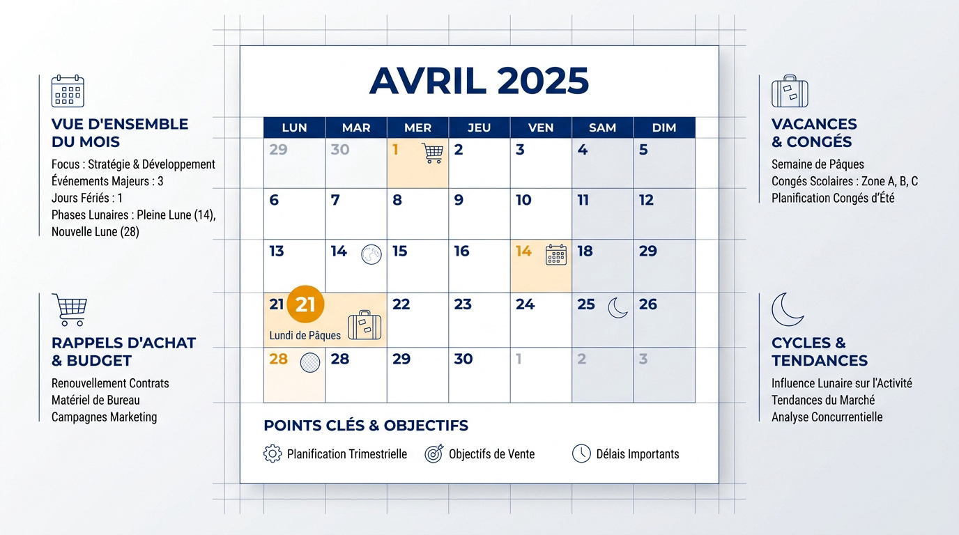 Calendrier du mois d'avril 2025 pour la planification des tâches et des vacances
