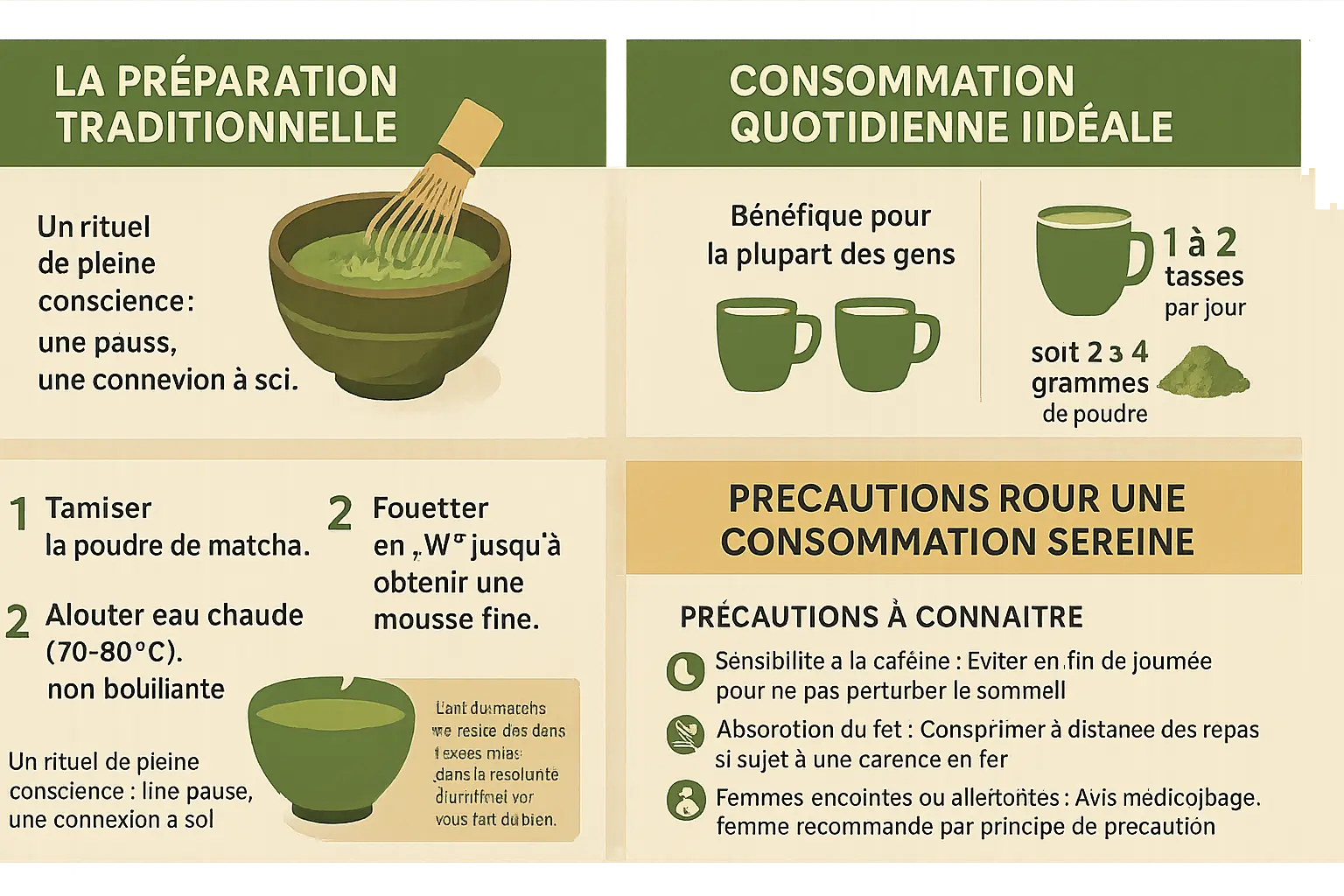 Rituel de préparation du matcha avec un bol, un fouet et de la poudre