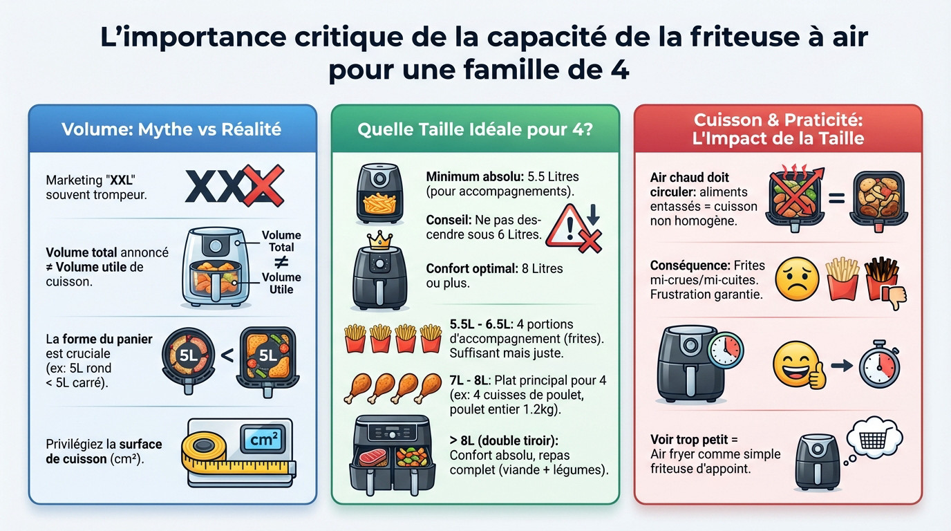 Comparatif visuel des capacités d'airfryer adaptées pour une famille de 4 personnes