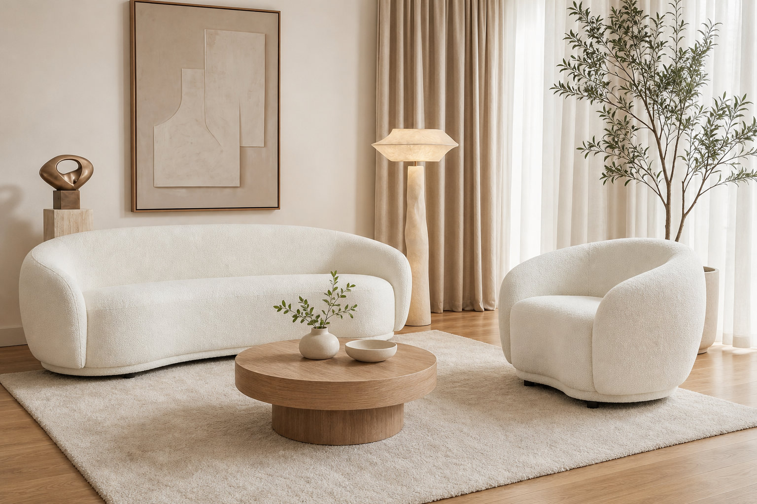 Ensemble canapé arrondi 3 places et fauteuil arrondi blanc ivoire - BOVANA
