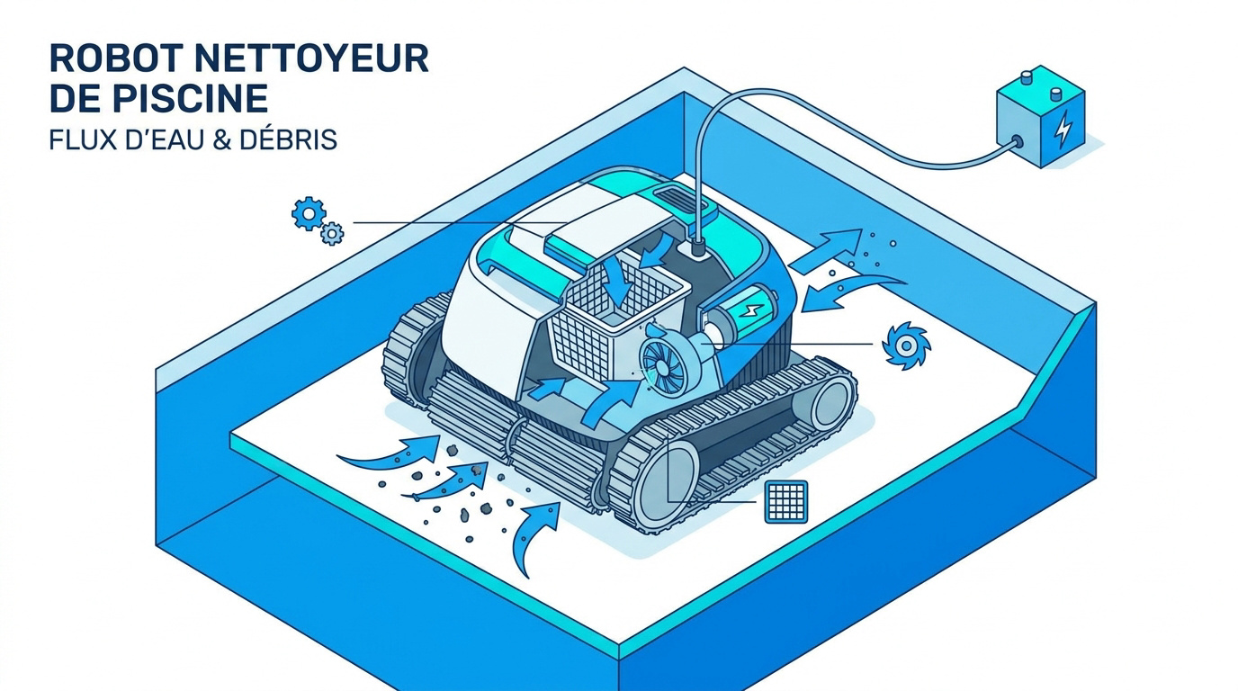 Schéma du fonctionnement interne d'un robot nettoyeur de piscine électrique avec ses moteurs et son filtre