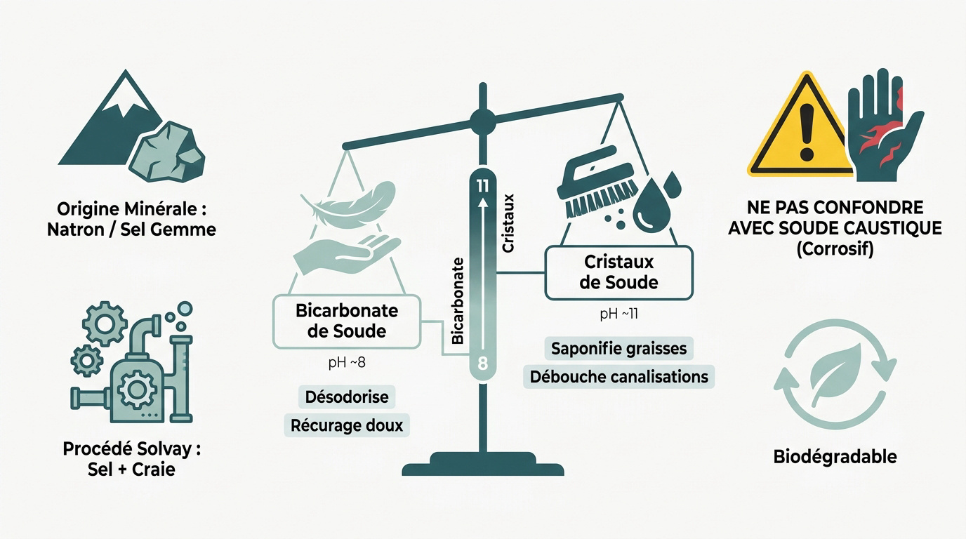 Comparaison visuelle entre les cristaux de soude et le bicarbonate de soude dans des récipients en verre