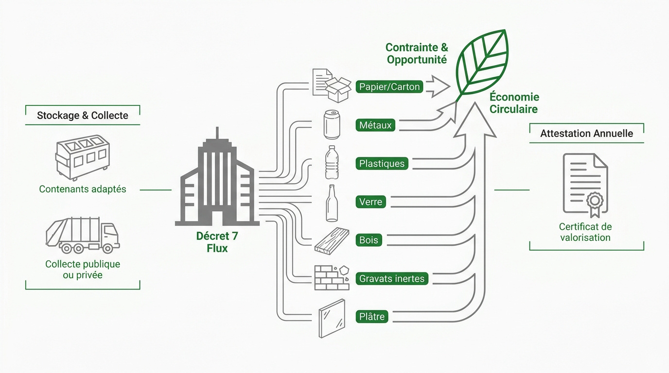 Infographie expliquant la valorisation des 7 flux de déchets en entreprise