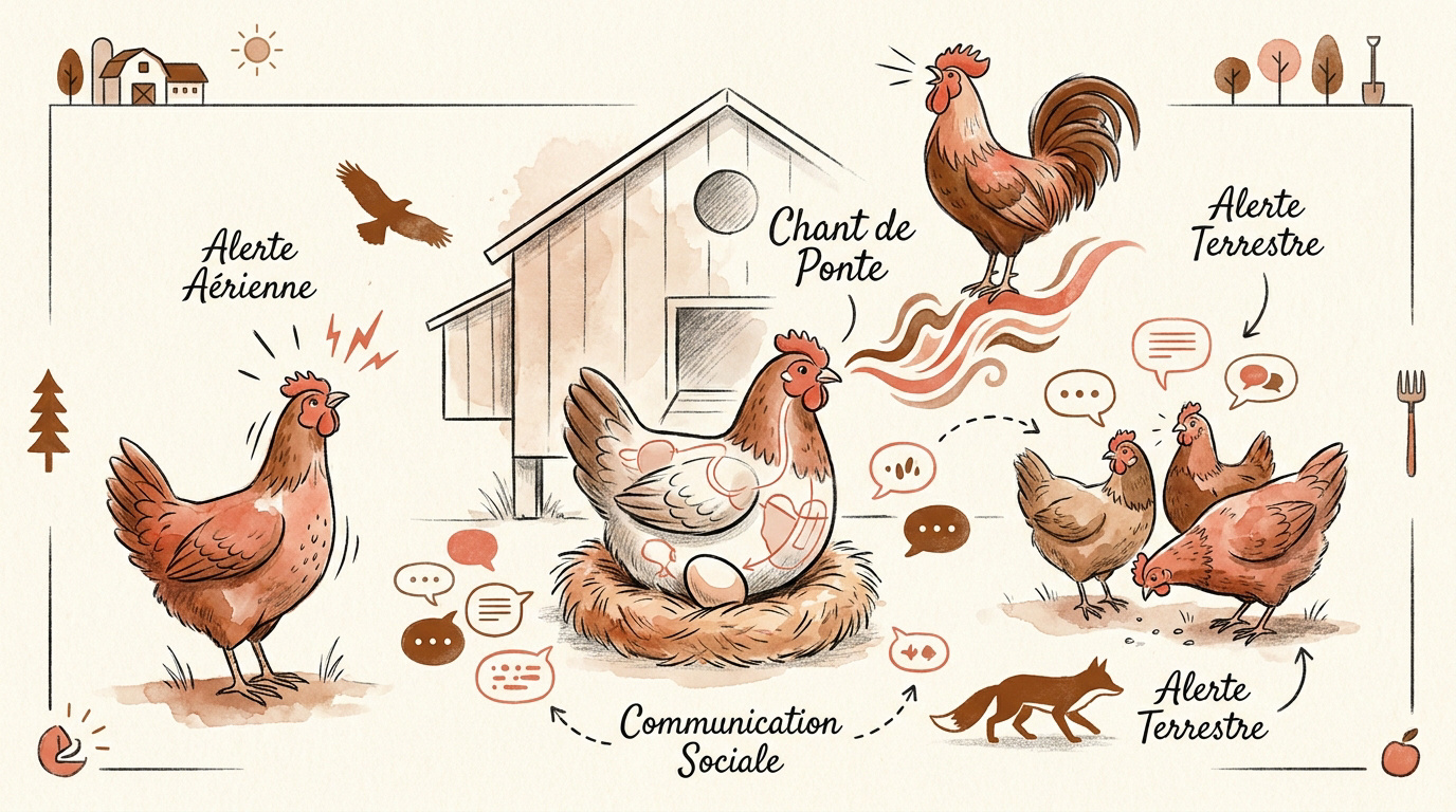 Une poule rousse en train de chanter dans un poulailler avec un air fier