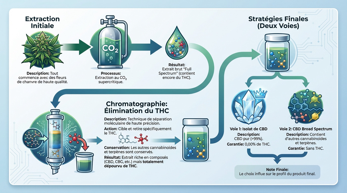 Schéma du processus d'extraction et de purification du CBD sans THC