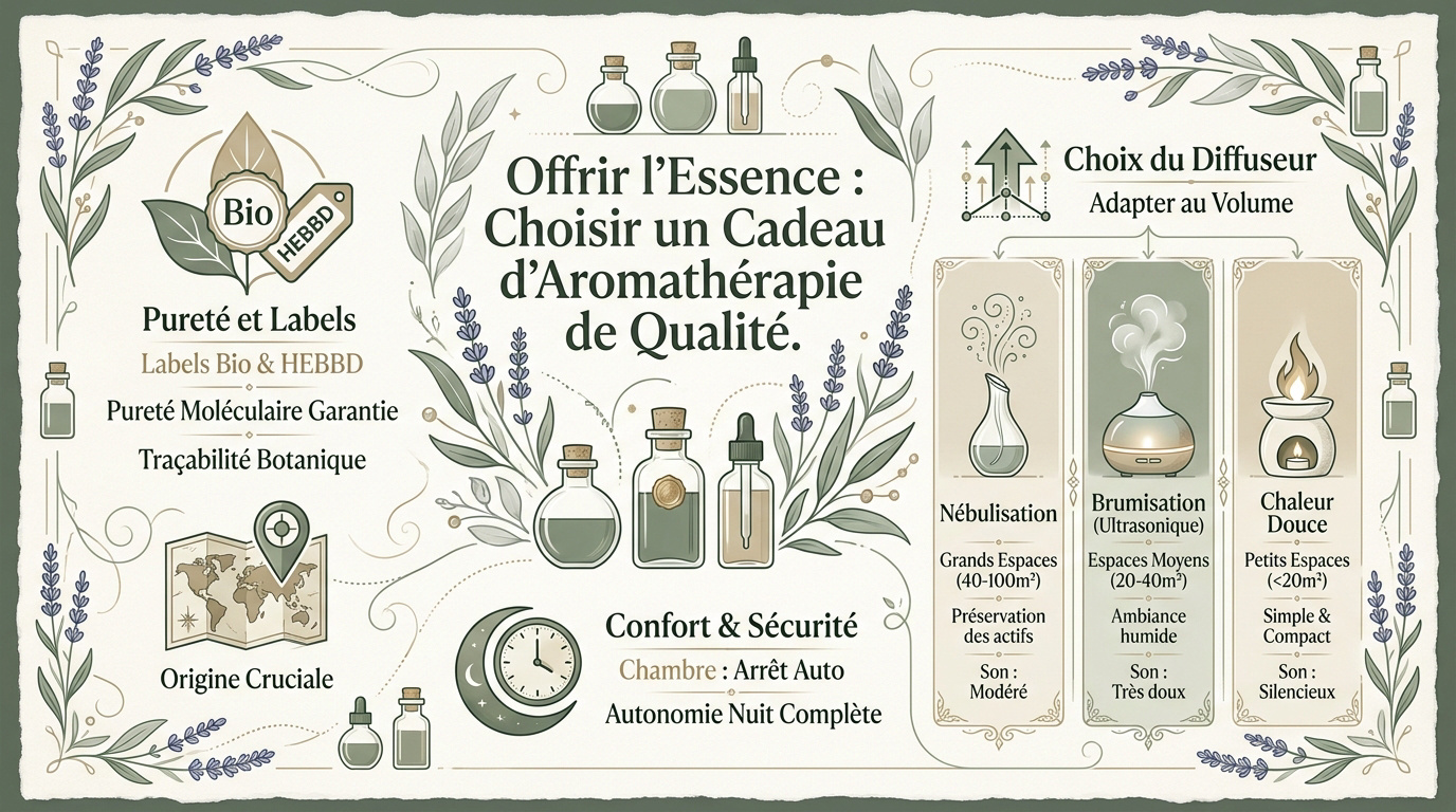 Organic essential oil bottles beside an elegant diffuser, wrapped as a gift