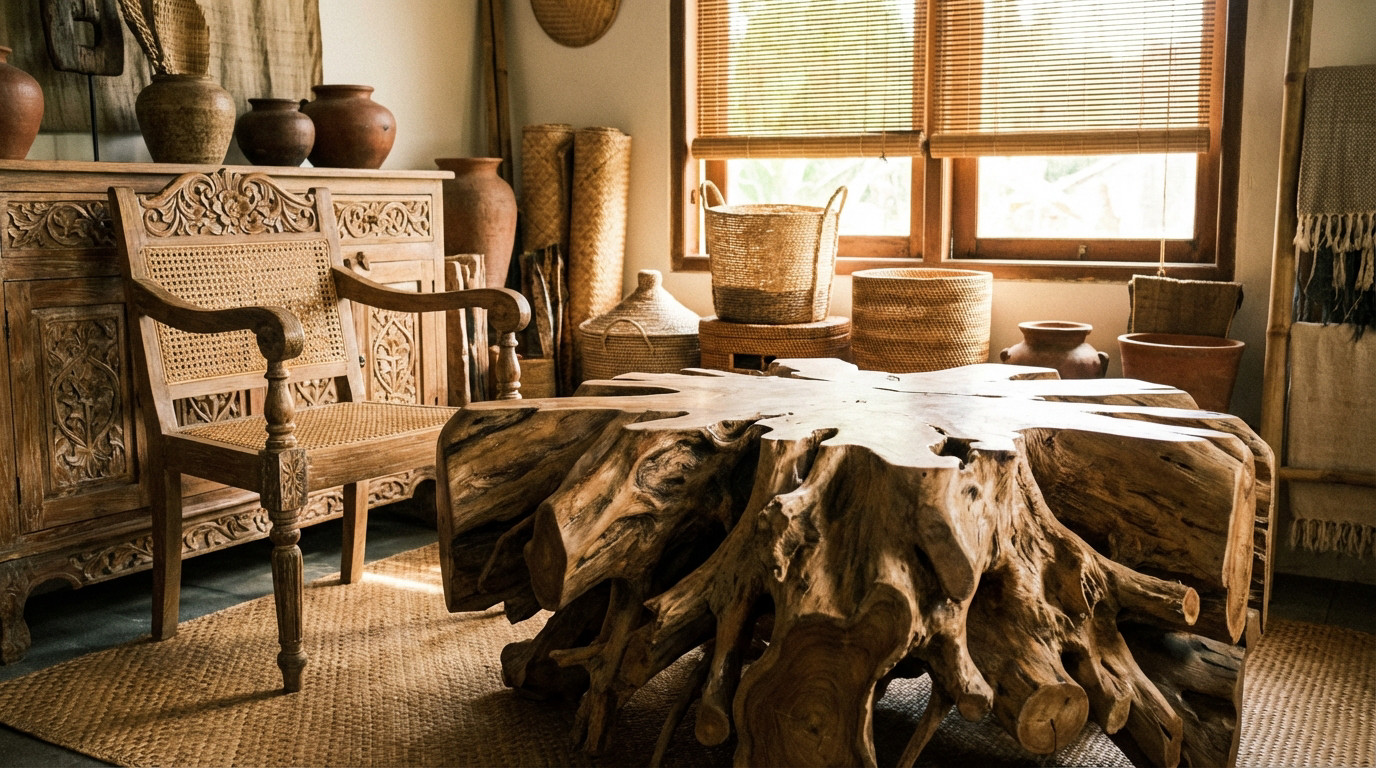 Intérieur chaleureux décoré avec une table basse unique en racine de teck massif style balinais