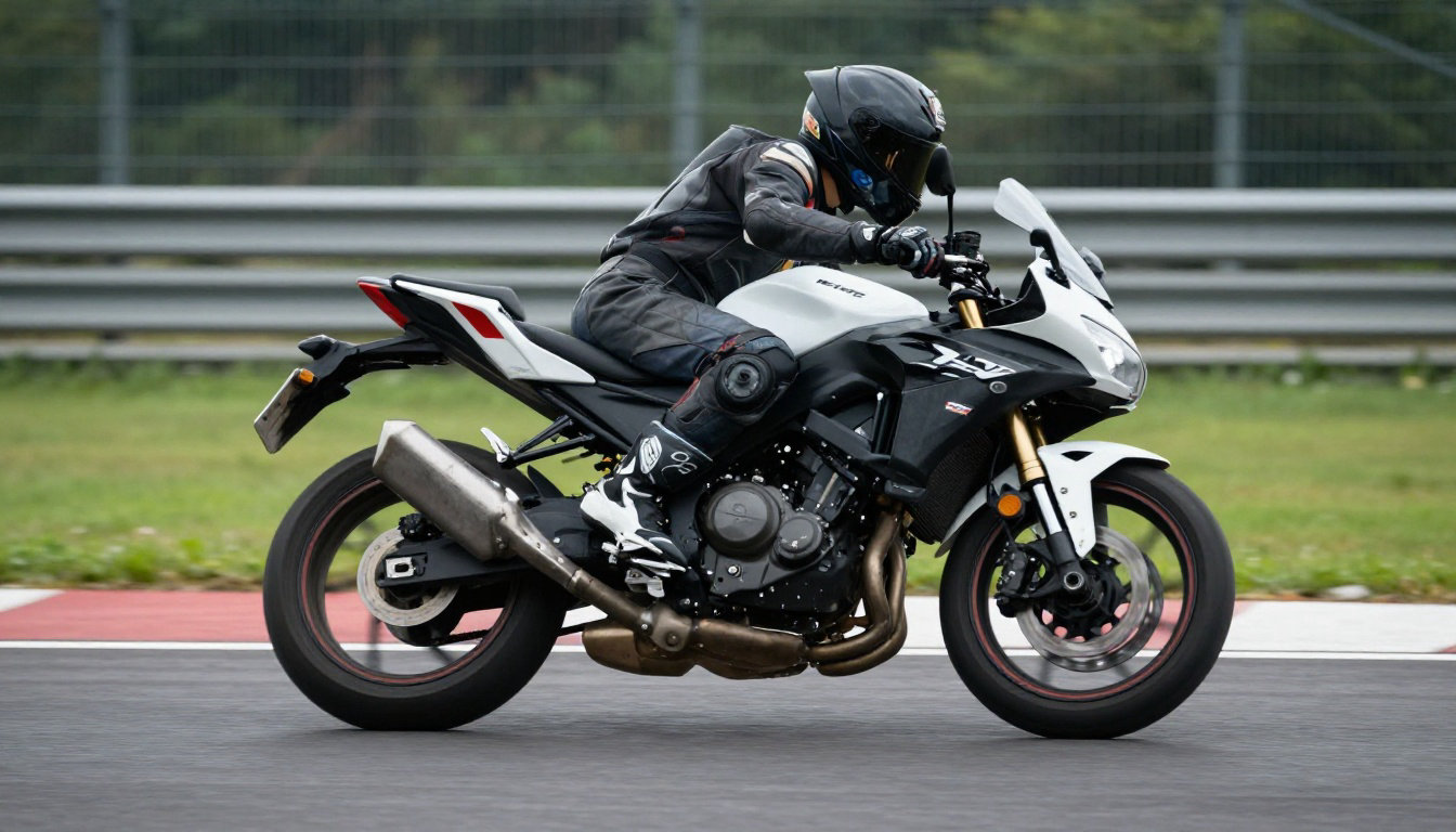 Motard en entraînement sur circuit après avoir validé l'ETM, préparant l'épreuve pratique du permis A2