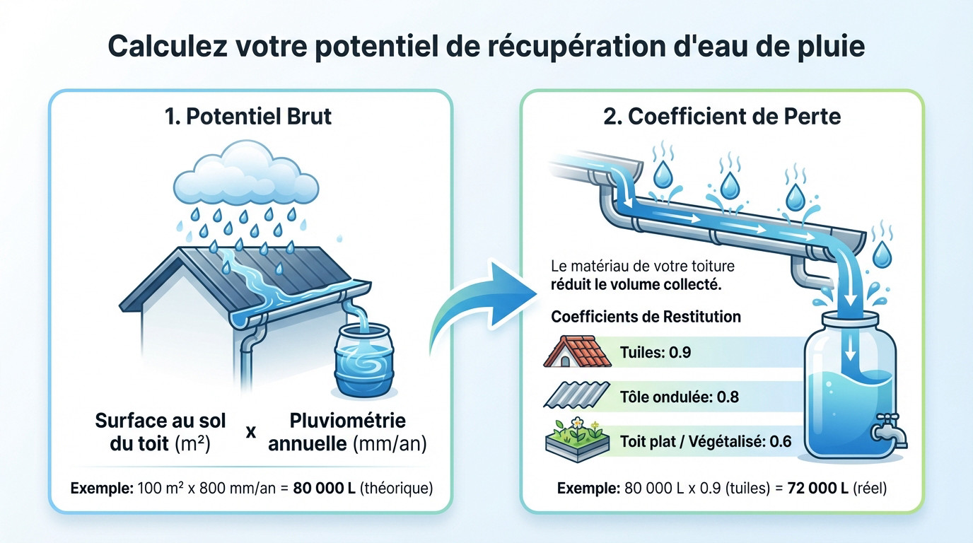 Schéma illustrant le calcul du potentiel de récupération d'eau de pluie selon la surface de toiture