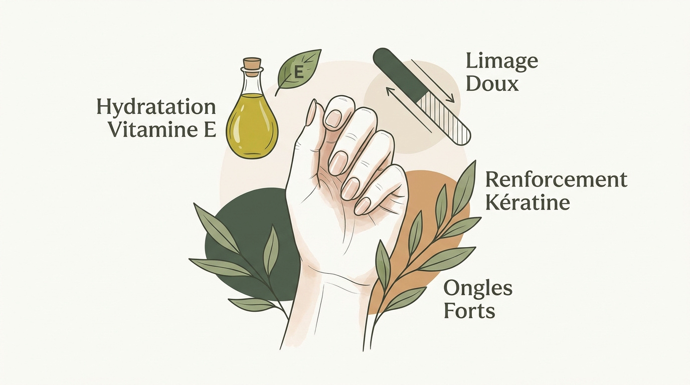 Mains de femme appliquant une huile de soin naturelle sur des ongles sains et brillants