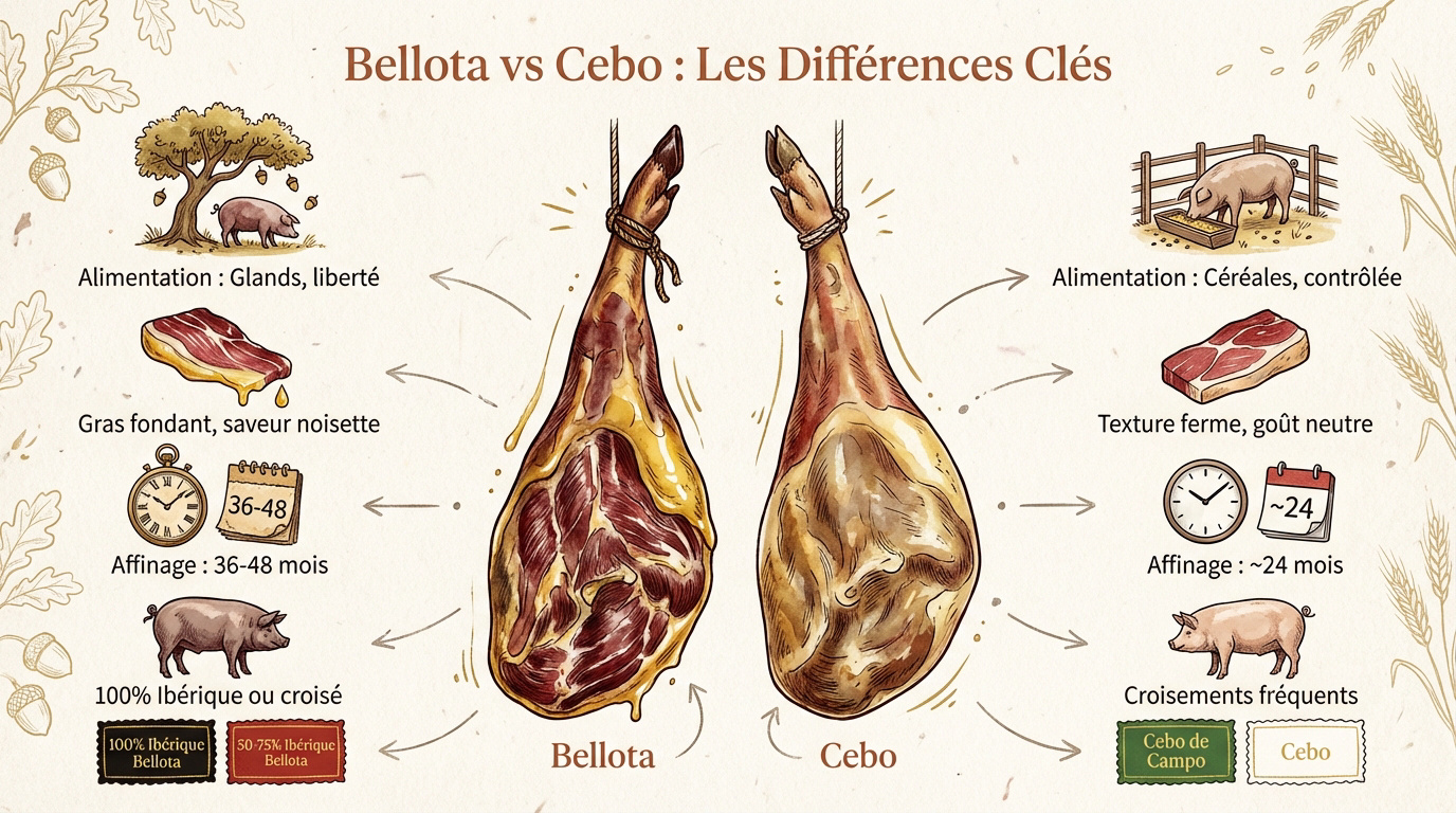 Comparaison visuelle entre le jambon ibérique de bellota et le cebo