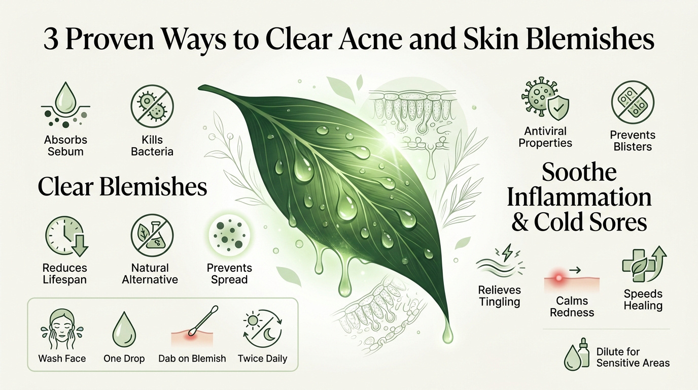 Infographic showing natural acne and blemish solutions using tea tree oil